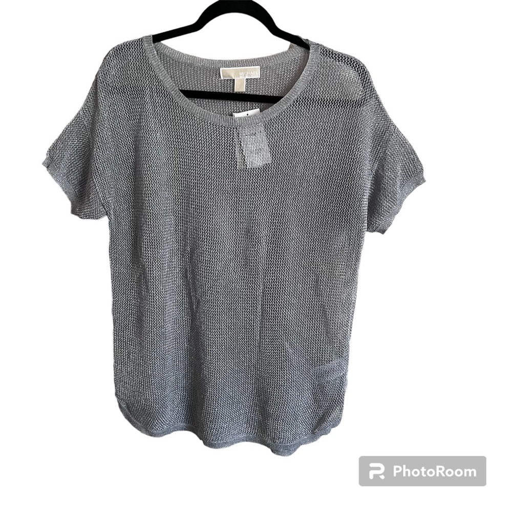 Michael Kors sheer metallic gray shirt sleeve blouse, large